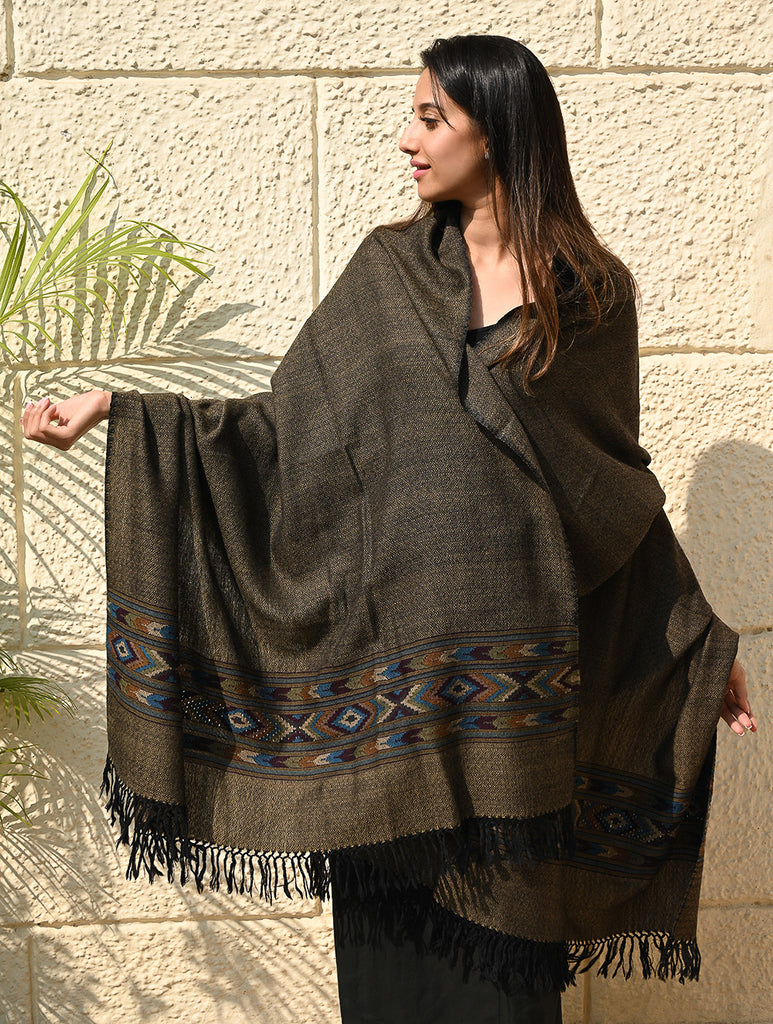 Exclusive Soft Himachal Wool Shawl with Woven Border - Midnight Pine