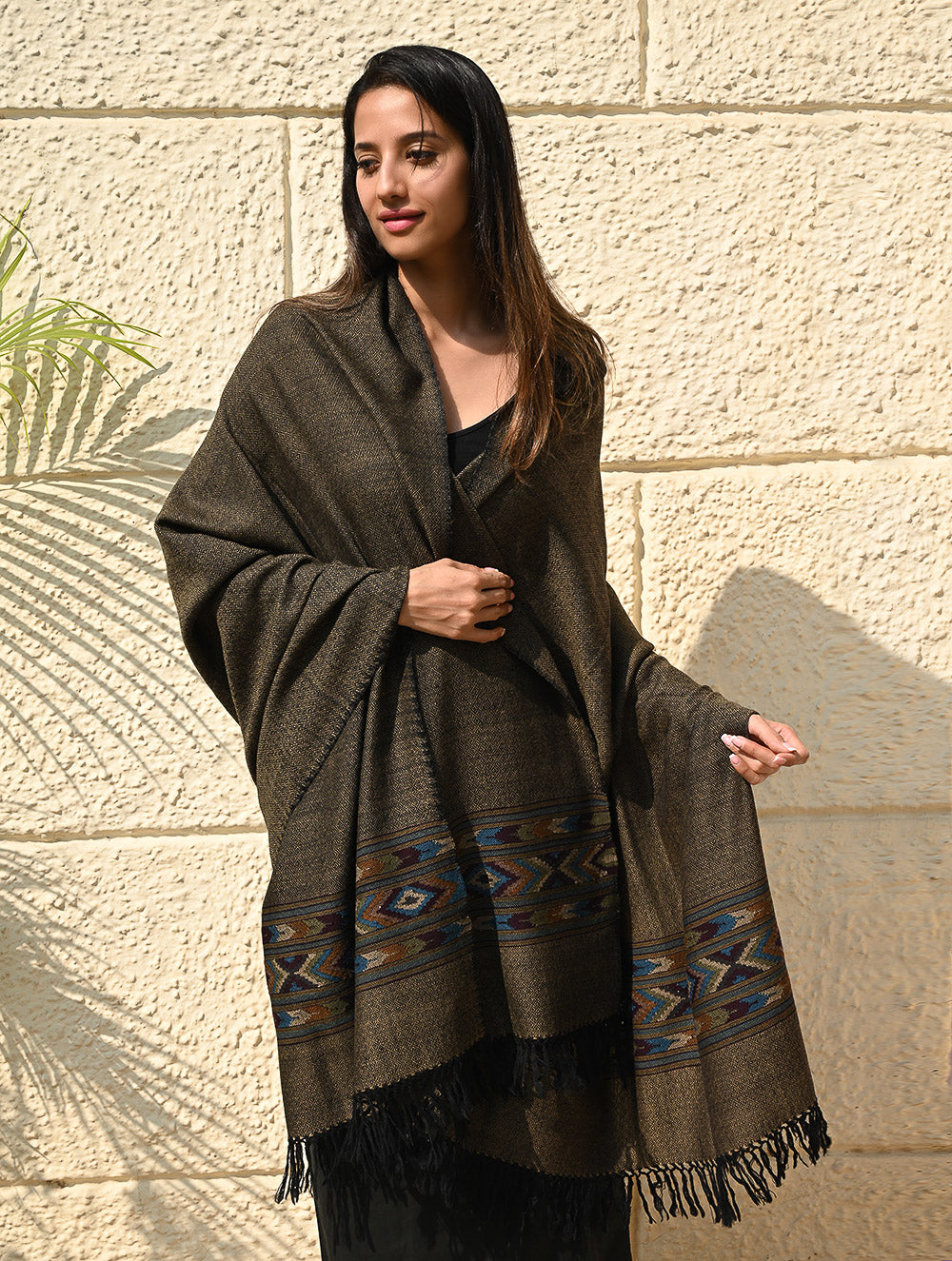 Load image into Gallery viewer, Exclusive Soft Himachal Wool Shawl with Woven Border - Midnight Pine