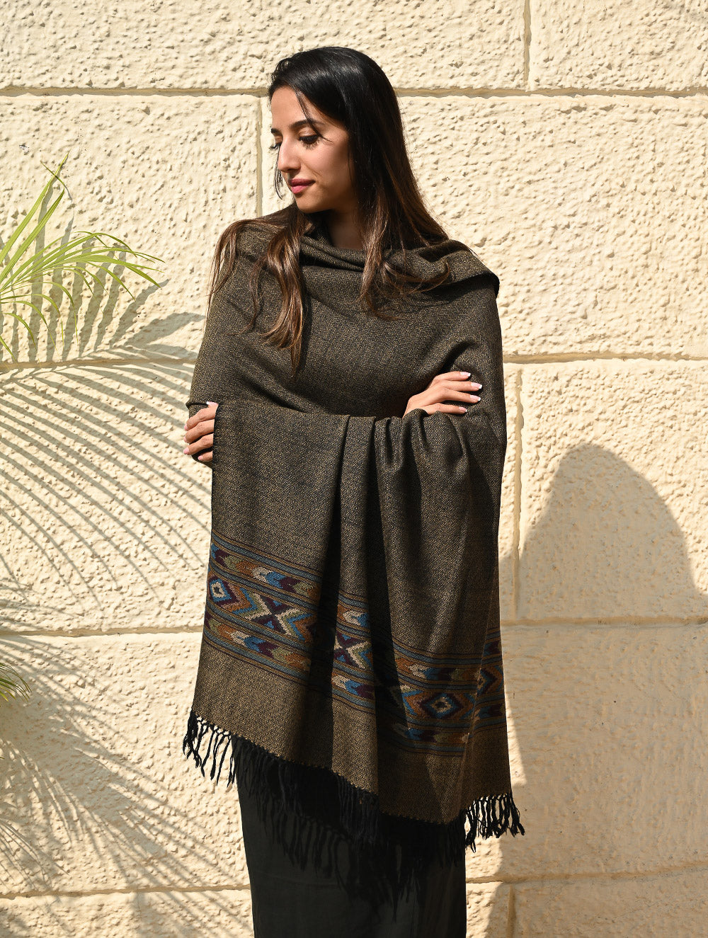 Load image into Gallery viewer, Exclusive Soft Himachal Wool Shawl with Woven Border - Midnight Pine