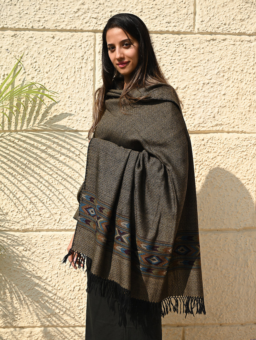 Load image into Gallery viewer, Exclusive Soft Himachal Wool Shawl with Woven Border - Midnight Pine