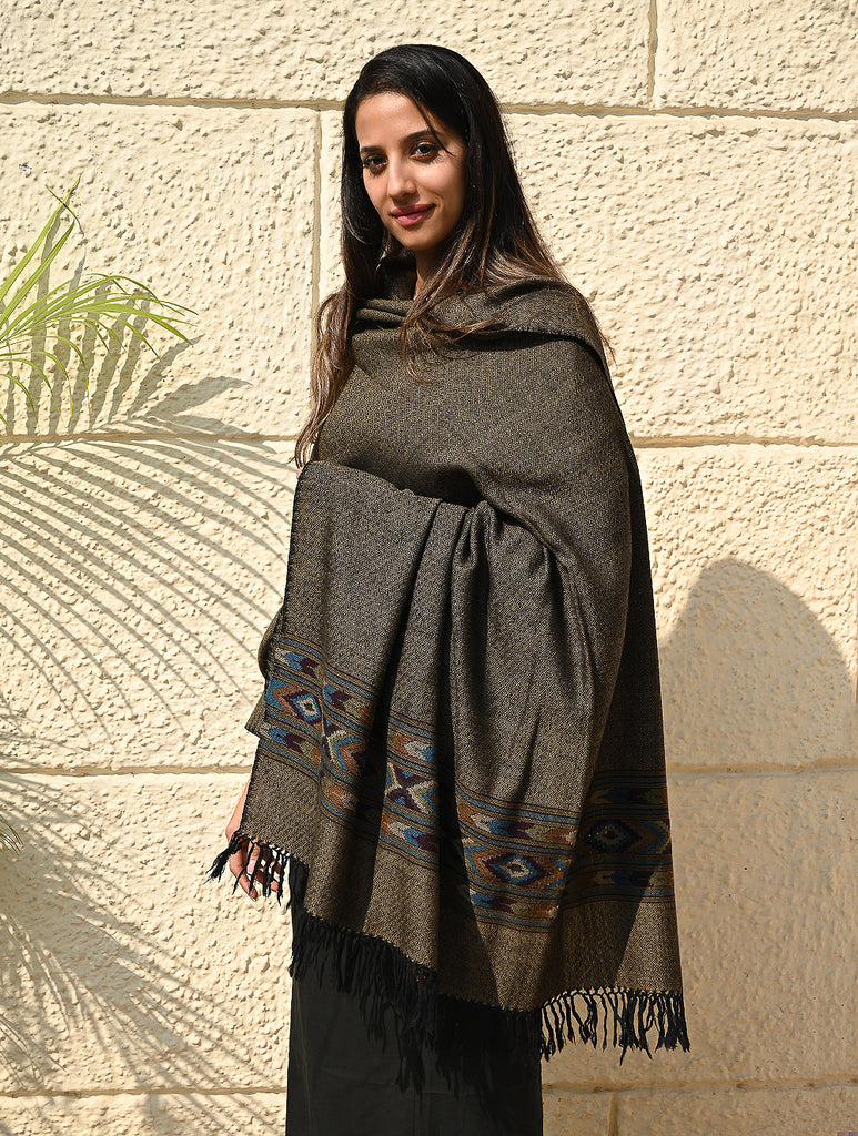 Exclusive Soft Himachal Wool Shawl with Woven Border - Midnight Pine