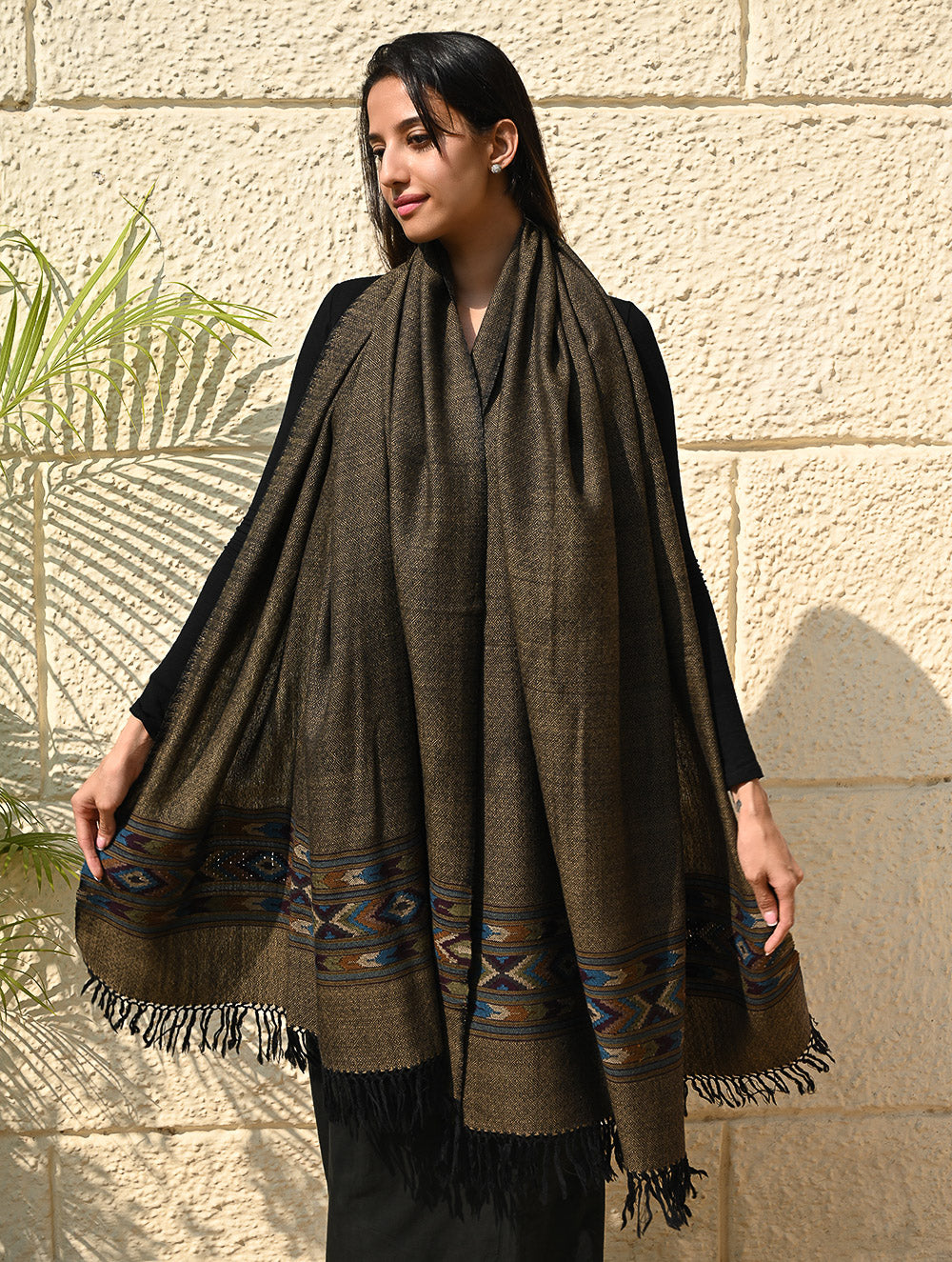 Load image into Gallery viewer, Exclusive Soft Himachal Wool Shawl with Woven Border - Midnight Pine
