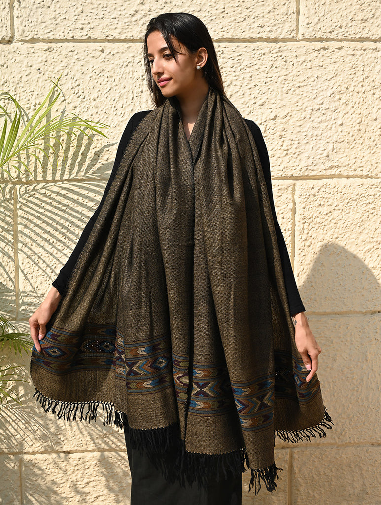 Exclusive Soft Himachal Wool Shawl with Woven Border - Midnight Pine