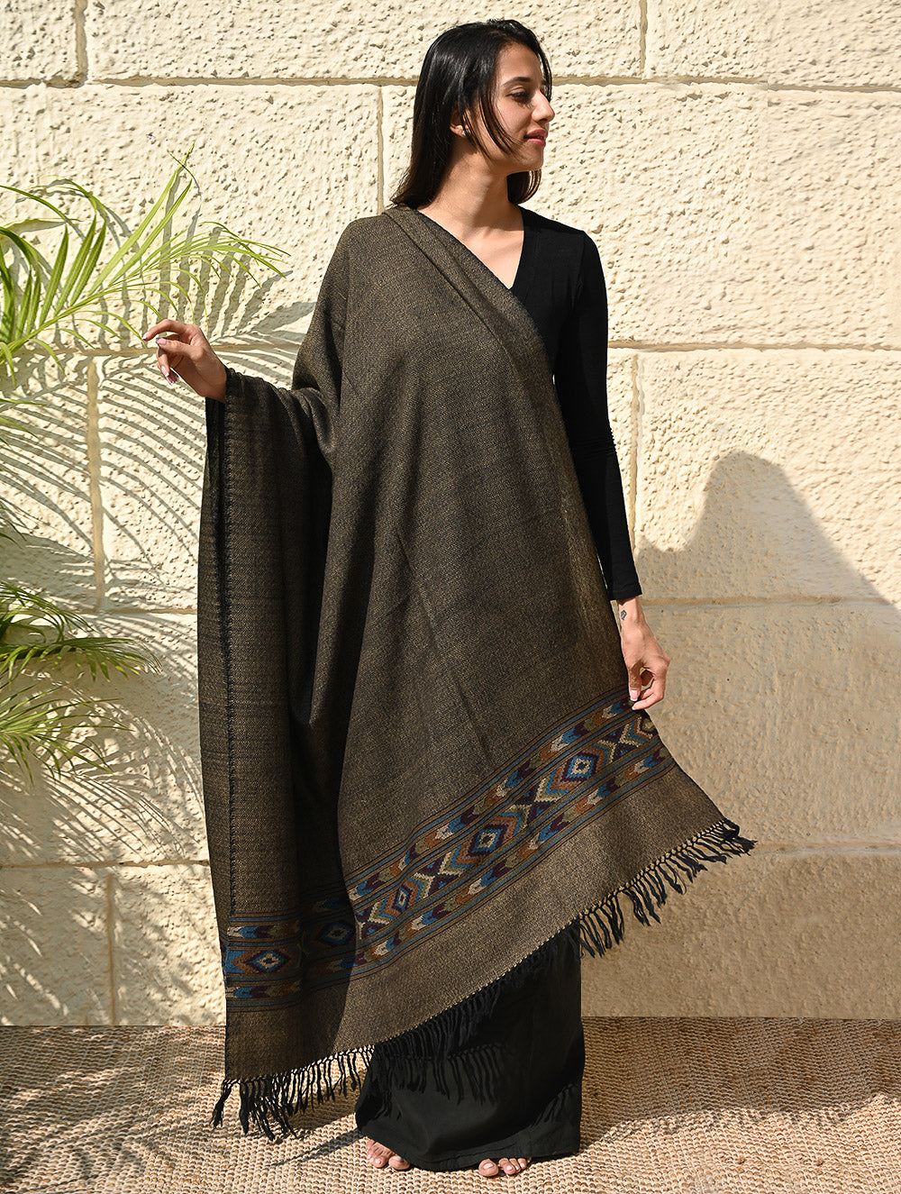 Load image into Gallery viewer, Exclusive Soft Himachal Wool Shawl with Woven Border - Midnight Pine