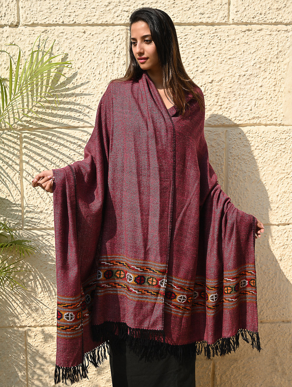 Load image into Gallery viewer, Exclusive Soft Himachal Wool Shawl with Woven Border - Mulberry Caravan