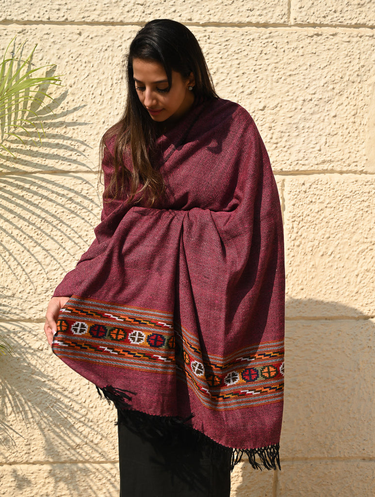 Exclusive Soft Himachal Wool Shawl with Woven Border - Mulberry Caravan