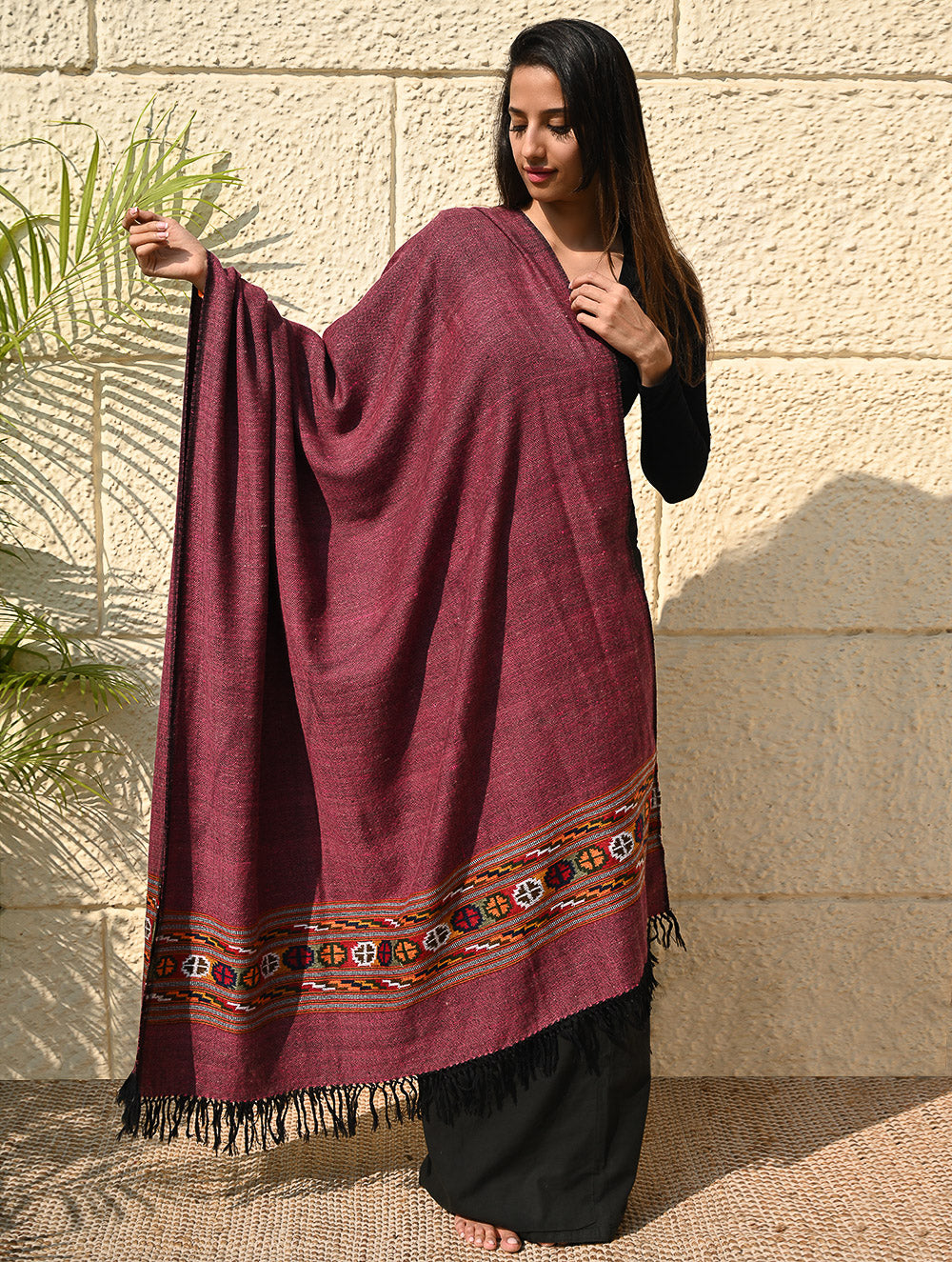 Load image into Gallery viewer, Exclusive Soft Himachal Wool Shawl with Woven Border - Mulberry Caravan