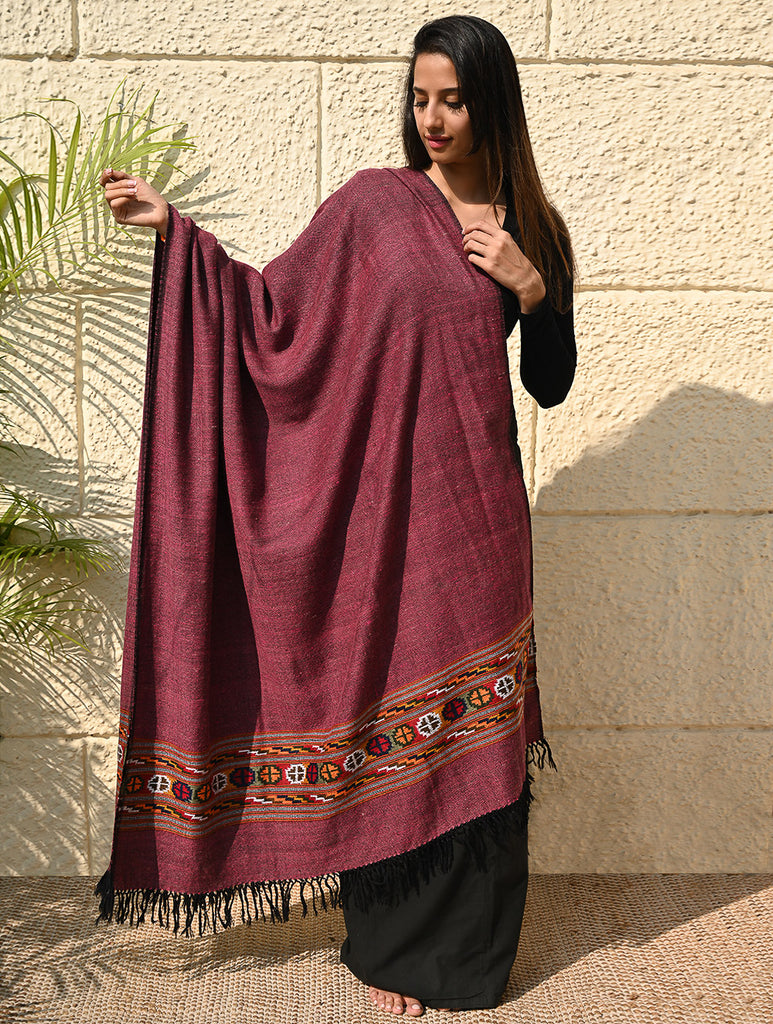 Exclusive Soft Himachal Wool Shawl with Woven Border - Mulberry Caravan