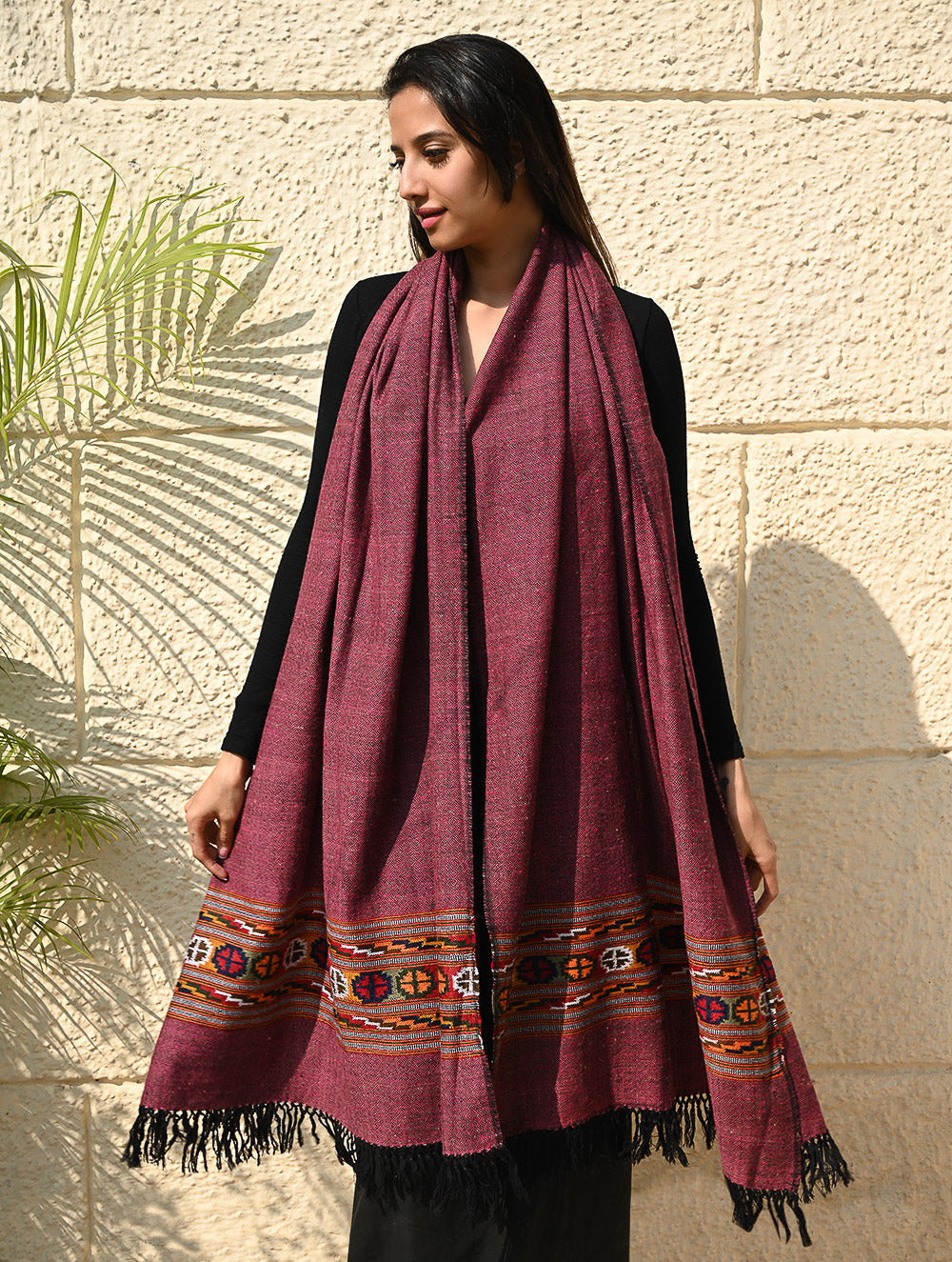 Load image into Gallery viewer, Exclusive Soft Himachal Wool Shawl with Woven Border - Mulberry Caravan