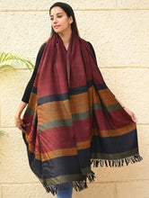 Load image into Gallery viewer, Exclusive Soft Himachal Wool Shawl with Woven Border - Oak-Red Cascade