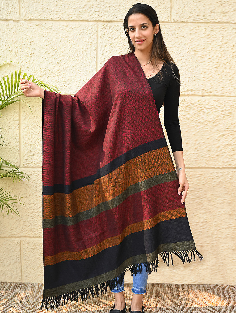 Load image into Gallery viewer, Exclusive Soft Himachal Wool Shawl with Woven Border - Oak-Red Cascade