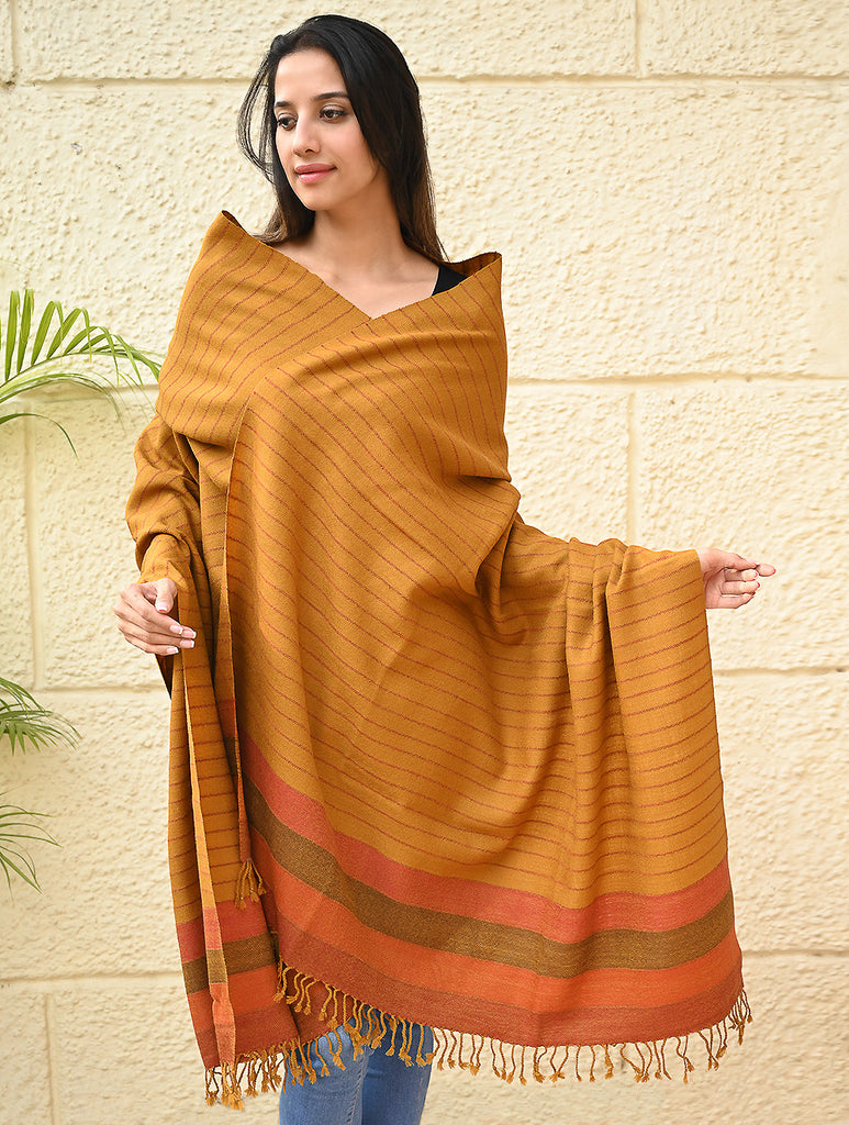 Exclusive Soft Himachal Wool Shawl with Woven Border - Saffron Spice