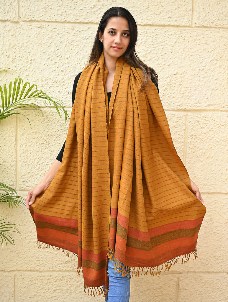Exclusive Soft Himachal Wool Shawl with Woven Border - Saffron Spice