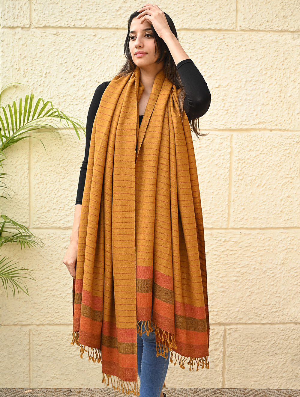 Load image into Gallery viewer, Exclusive Soft Himachal Wool Shawl with Woven Border - Saffron Spice