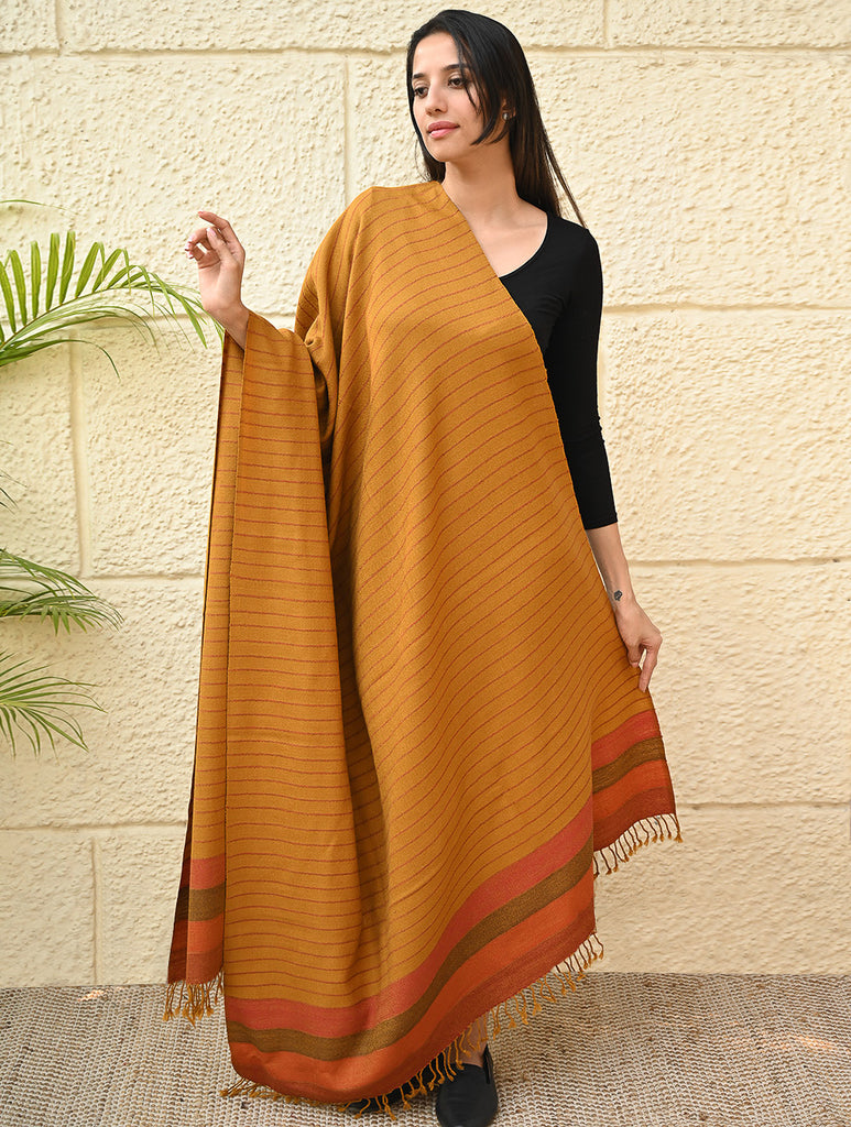 Exclusive Soft Himachal Wool Shawl with Woven Border - Saffron Spice
