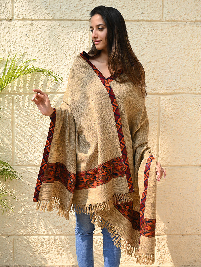 Exclusive Soft Himachal Wool Shawl with Woven Border - Sandstone Birch