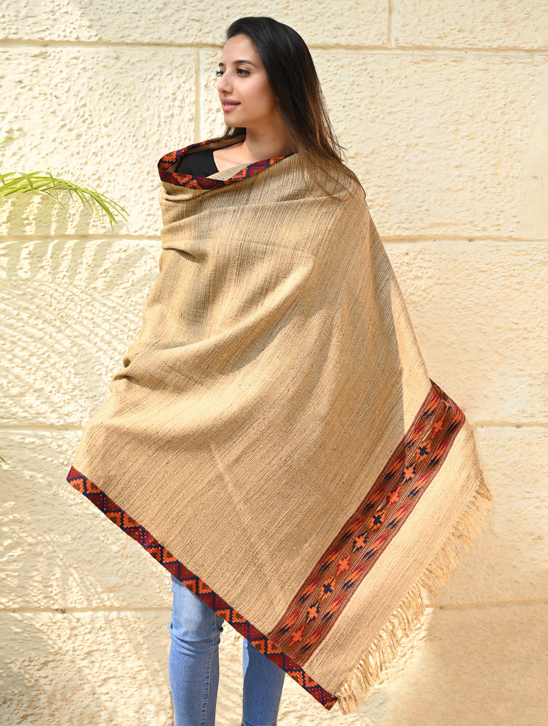Exclusive Soft Himachal Wool Shawl with Woven Border - Sandstone Birch