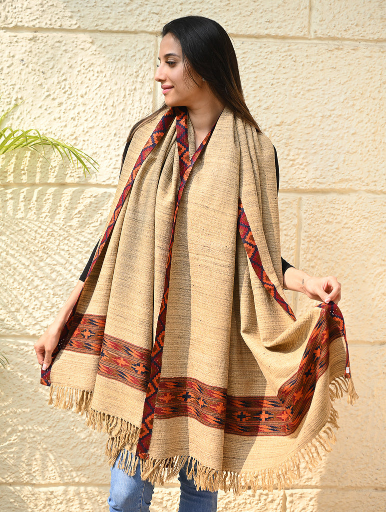 Exclusive Soft Himachal Wool Shawl with Woven Border - Sandstone Birch