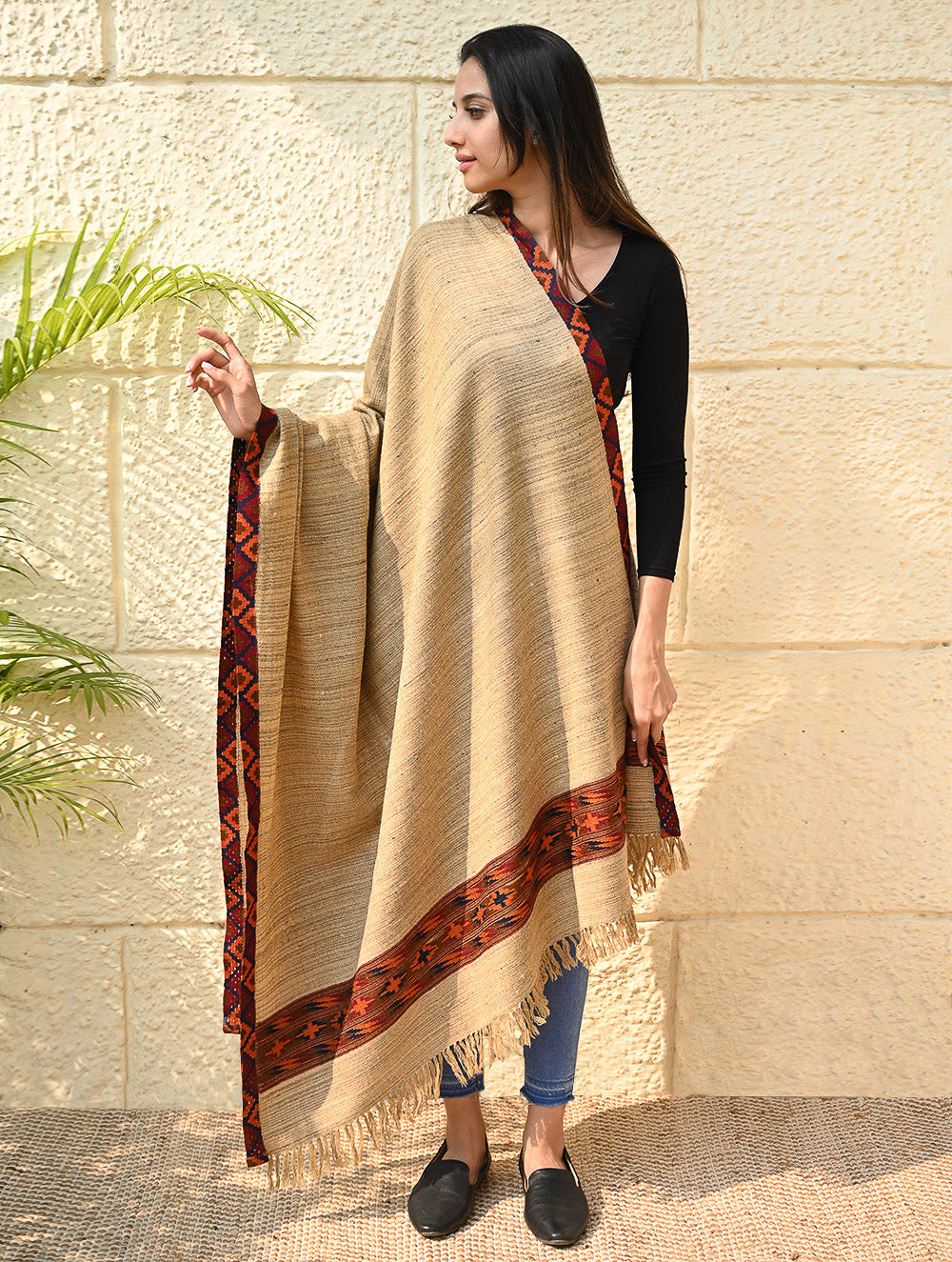 Load image into Gallery viewer, Exclusive Soft Himachal Wool Shawl with Woven Border - Sandstone Birch