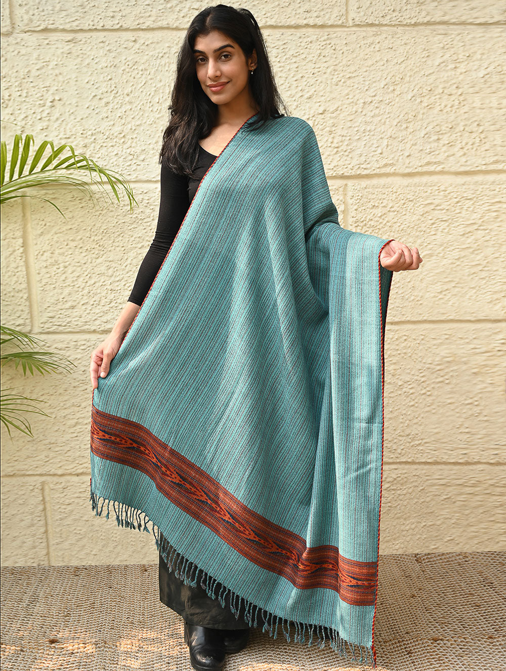 Load image into Gallery viewer, Exclusive Soft Himachal Wool Shawl with Woven Border - Seafoam Teal