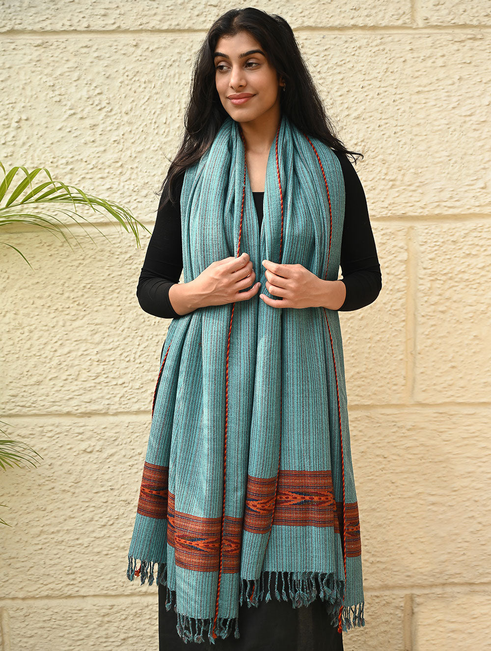 Load image into Gallery viewer, Exclusive Soft Himachal Wool Shawl with Woven Border - Seafoam Teal