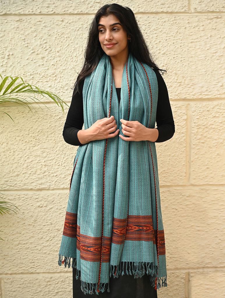 Exclusive Soft Himachal Wool Shawl with Woven Border - Seafoam Teal