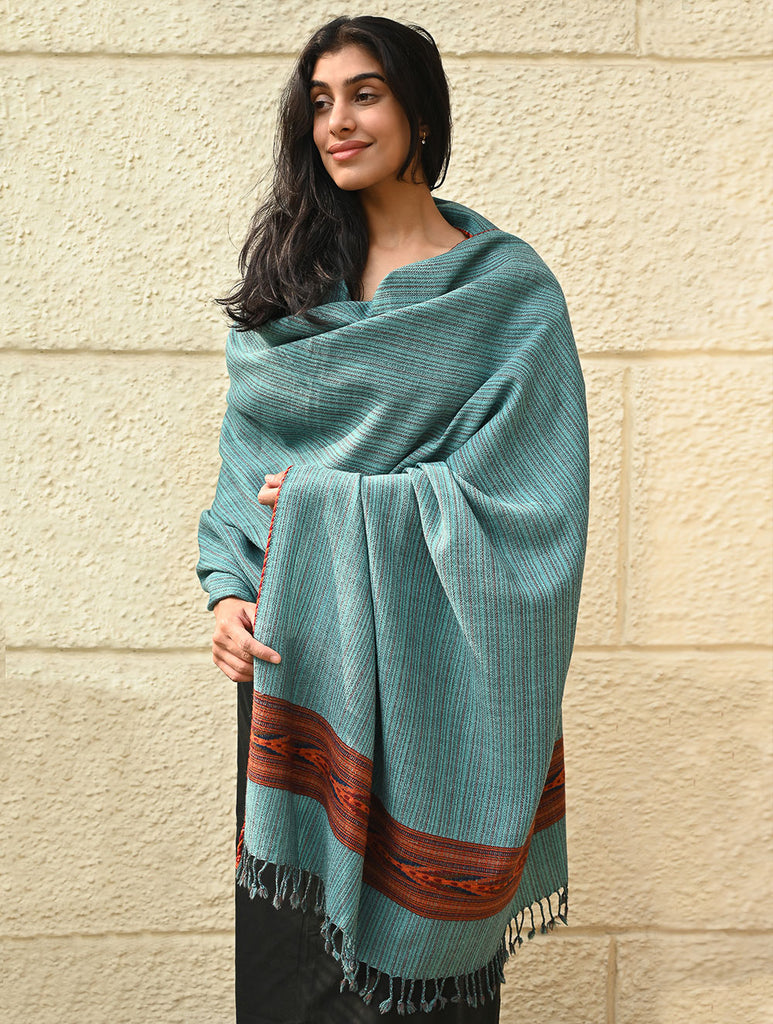 Exclusive Soft Himachal Wool Shawl with Woven Border - Seafoam Teal