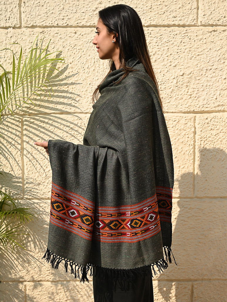 Exclusive Soft Himachal Wool Shawl with Woven Border - Slate Gray