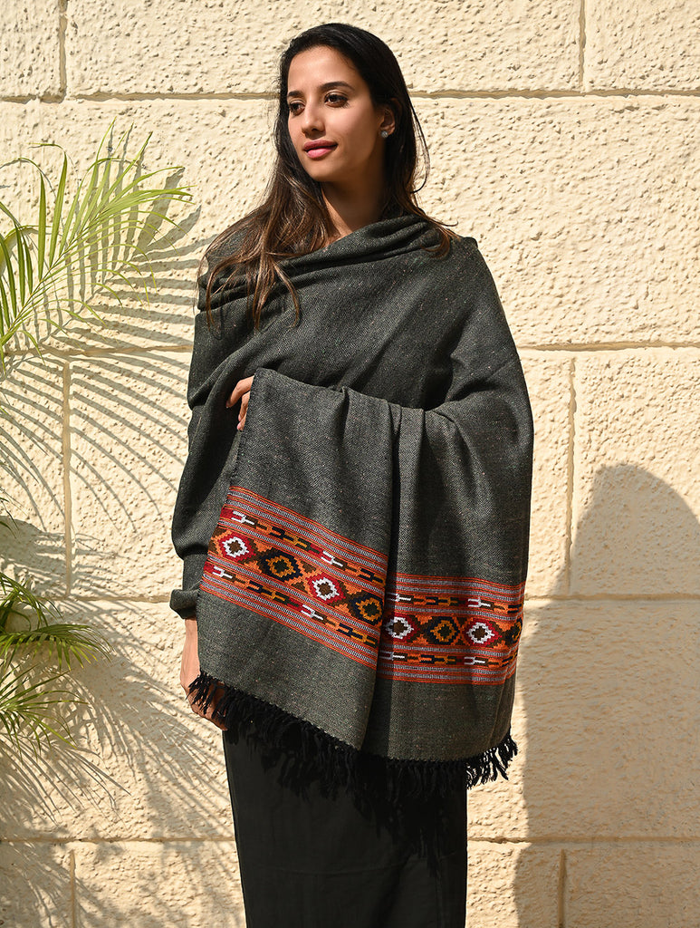 Exclusive Soft Himachal Wool Shawl with Woven Border - Slate Gray