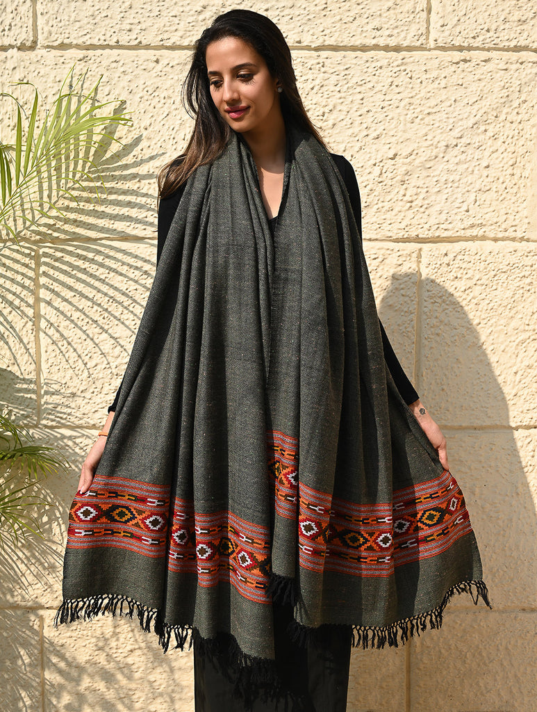 Exclusive Soft Himachal Wool Shawl with Woven Border - Slate Gray