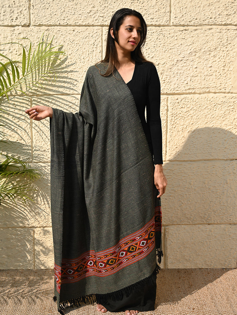 Exclusive Soft Himachal Wool Shawl with Woven Border - Slate Gray