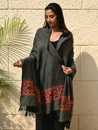 Exclusive Soft Himachal Wool Shawl with Woven Border - Slate Gray
