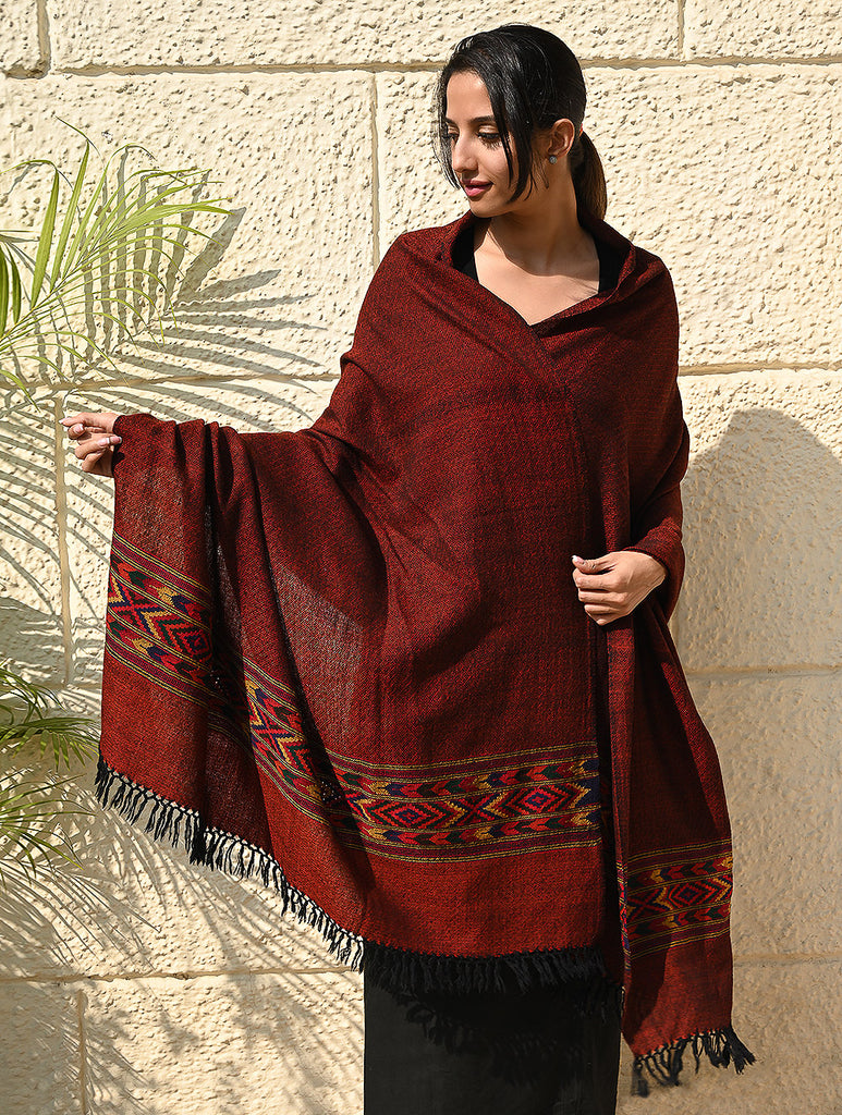 Exclusive Soft Himachal Wool Shawl with Woven Border - Spicy Wine