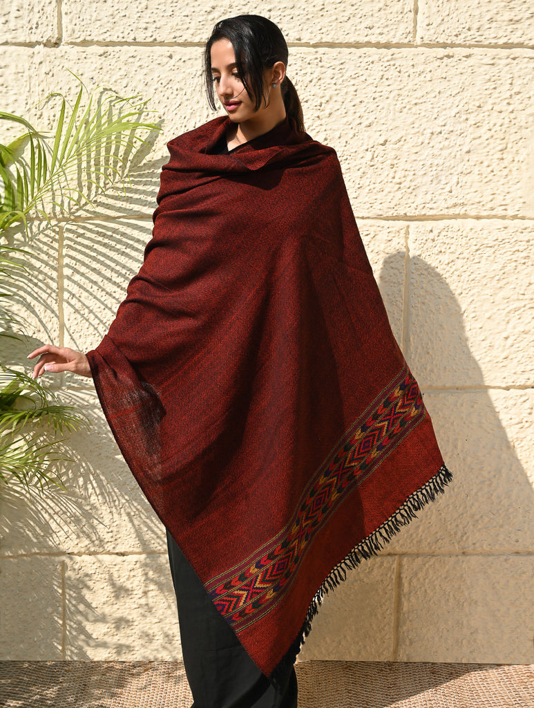 Exclusive Soft Himachal Wool Shawl with Woven Border - Spicy Wine
