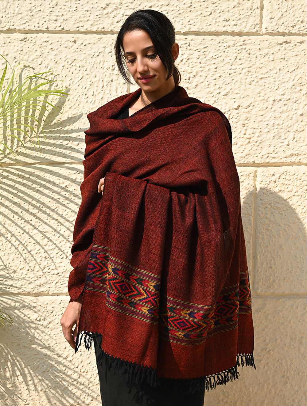 Load image into Gallery viewer, Exclusive Soft Himachal Wool Shawl with Woven Border - Spicy Wine