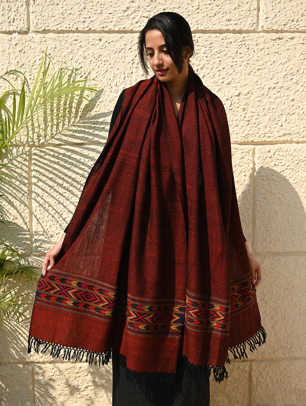 Load image into Gallery viewer, Exclusive Soft Himachal Wool Shawl with Woven Border - Spicy Wine