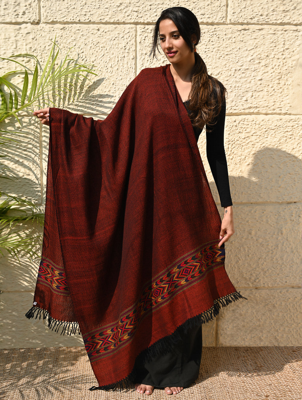 Load image into Gallery viewer, Exclusive Soft Himachal Wool Shawl with Woven Border - Spicy Wine