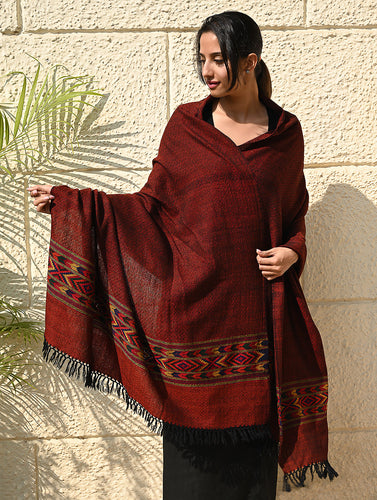 Exclusive Soft Himachal Wool Shawl with Woven Border - Spicy Wine