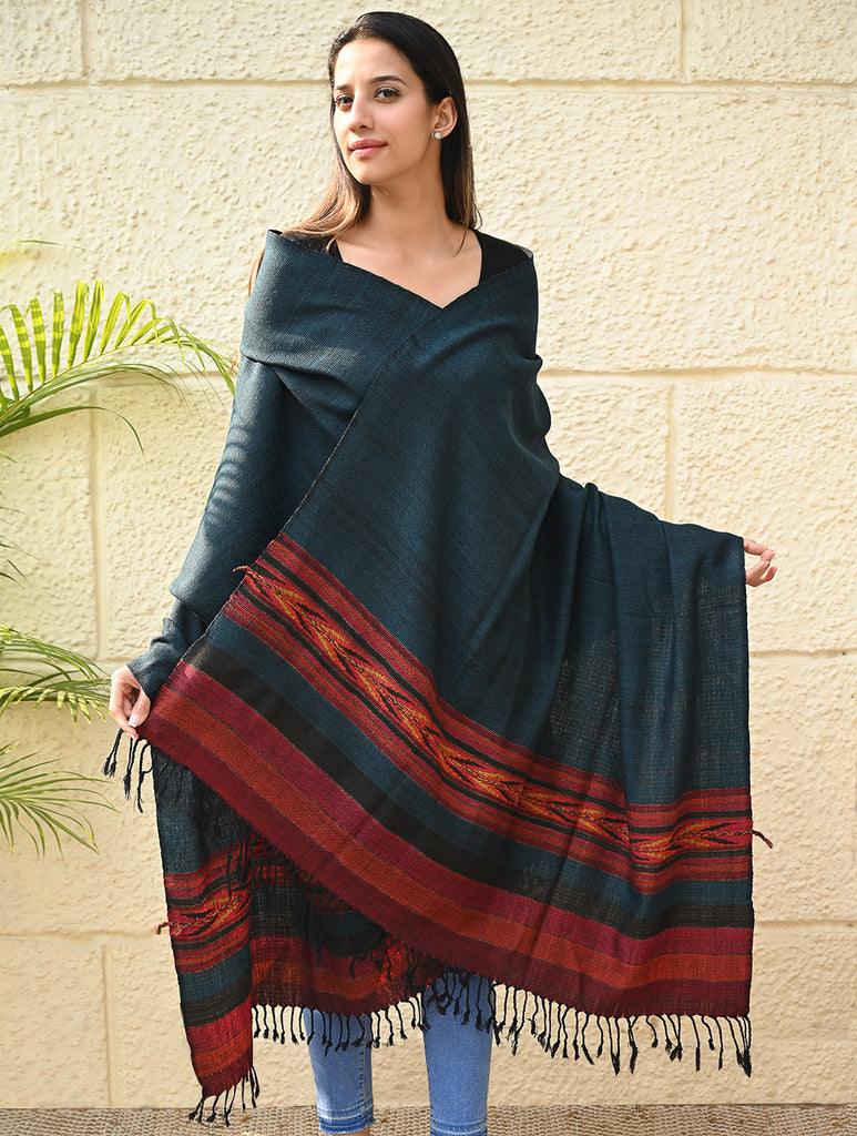 Exclusive Soft Himachal Wool Shawl with Woven Border - Tealwood Ember