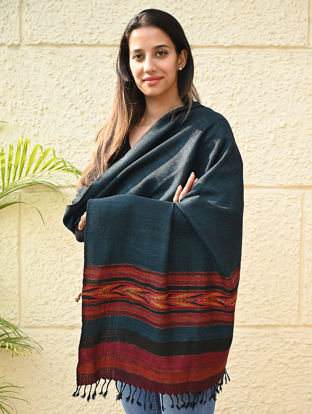 Load image into Gallery viewer, Exclusive Soft Himachal Wool Shawl with Woven Border - Tealwood Ember