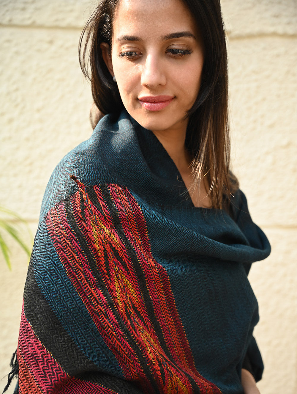 Load image into Gallery viewer, Exclusive Soft Himachal Wool Shawl with Woven Border - Tealwood Ember