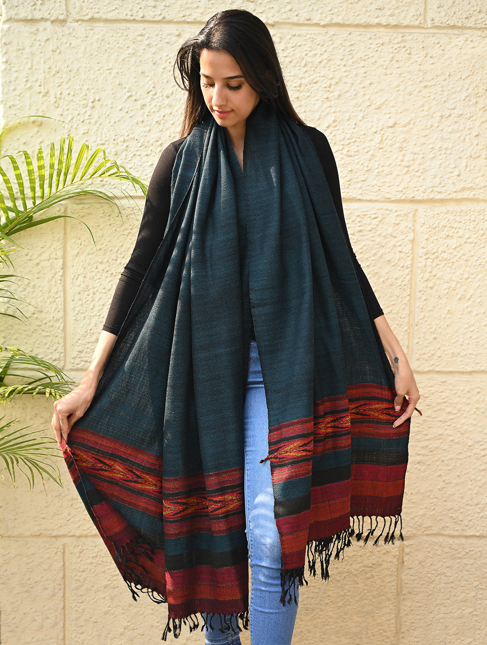 Load image into Gallery viewer, Exclusive Soft Himachal Wool Shawl with Woven Border - Tealwood Ember
