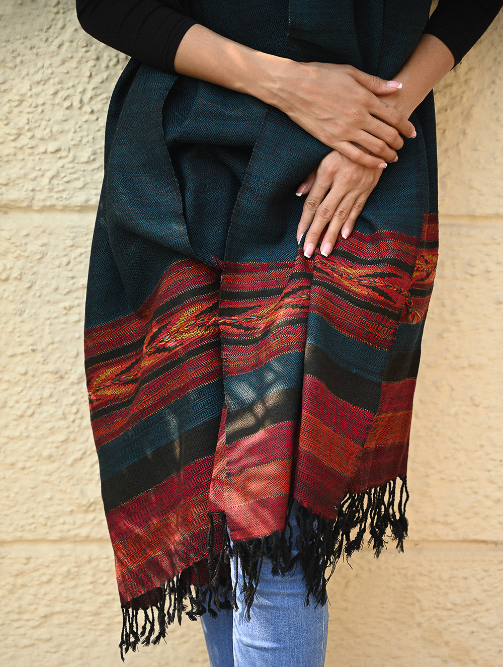Load image into Gallery viewer, Exclusive Soft Himachal Wool Shawl with Woven Border - Tealwood Ember