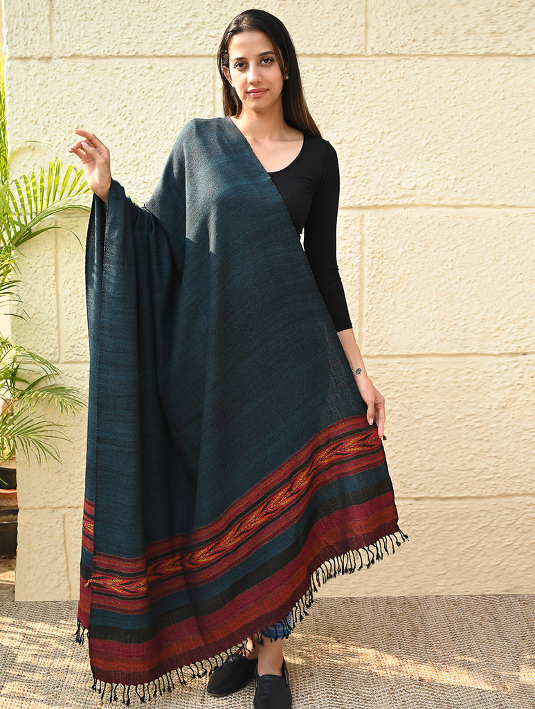 Exclusive Soft Himachal Wool Shawl with Woven Border - Tealwood Ember
