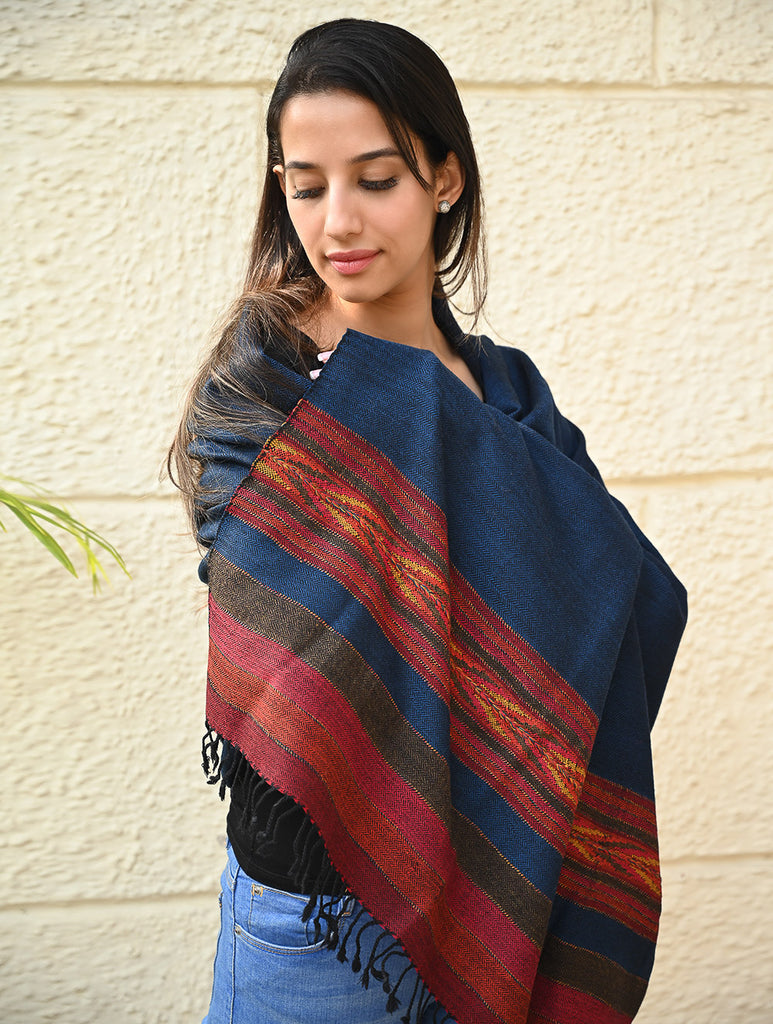 Exclusive Soft Himachal Wool Shawl with Woven Border - Twilight Trail