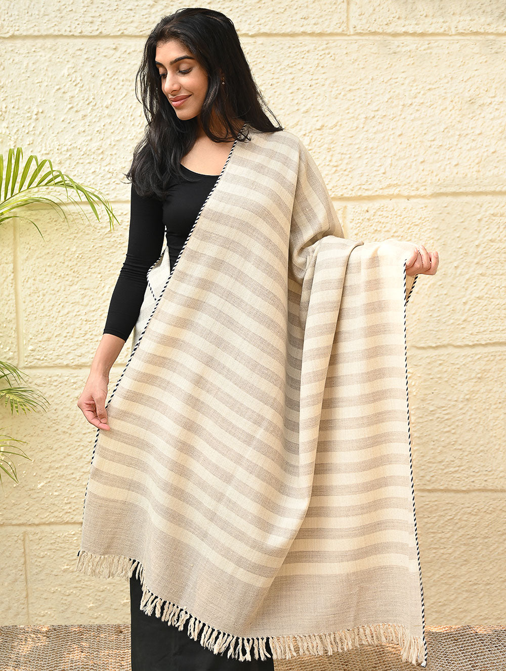 Load image into Gallery viewer, Exclusive Soft Himachal Wool Shawl with Woven Border - Vanilla Stripes