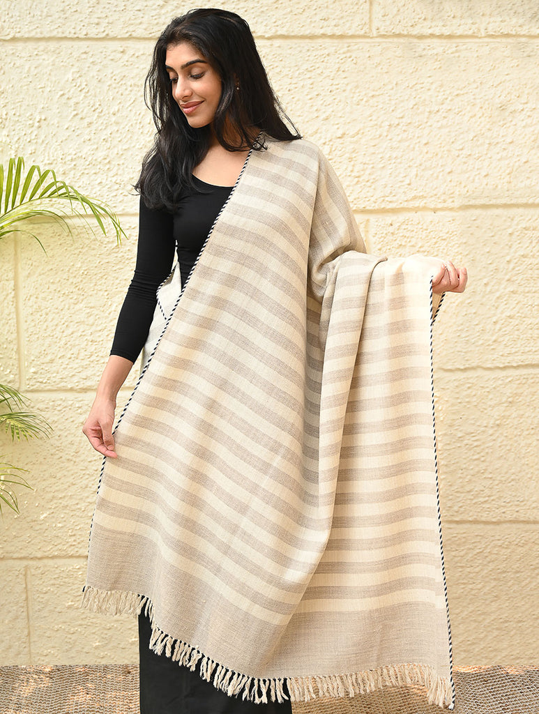 Exclusive Soft Himachal Wool Shawl with Woven Border - Vanilla Stripes