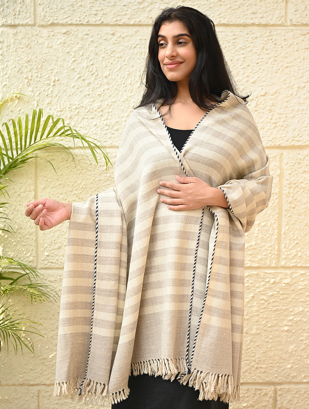 Load image into Gallery viewer, Exclusive Soft Himachal Wool Shawl with Woven Border - Vanilla Stripes