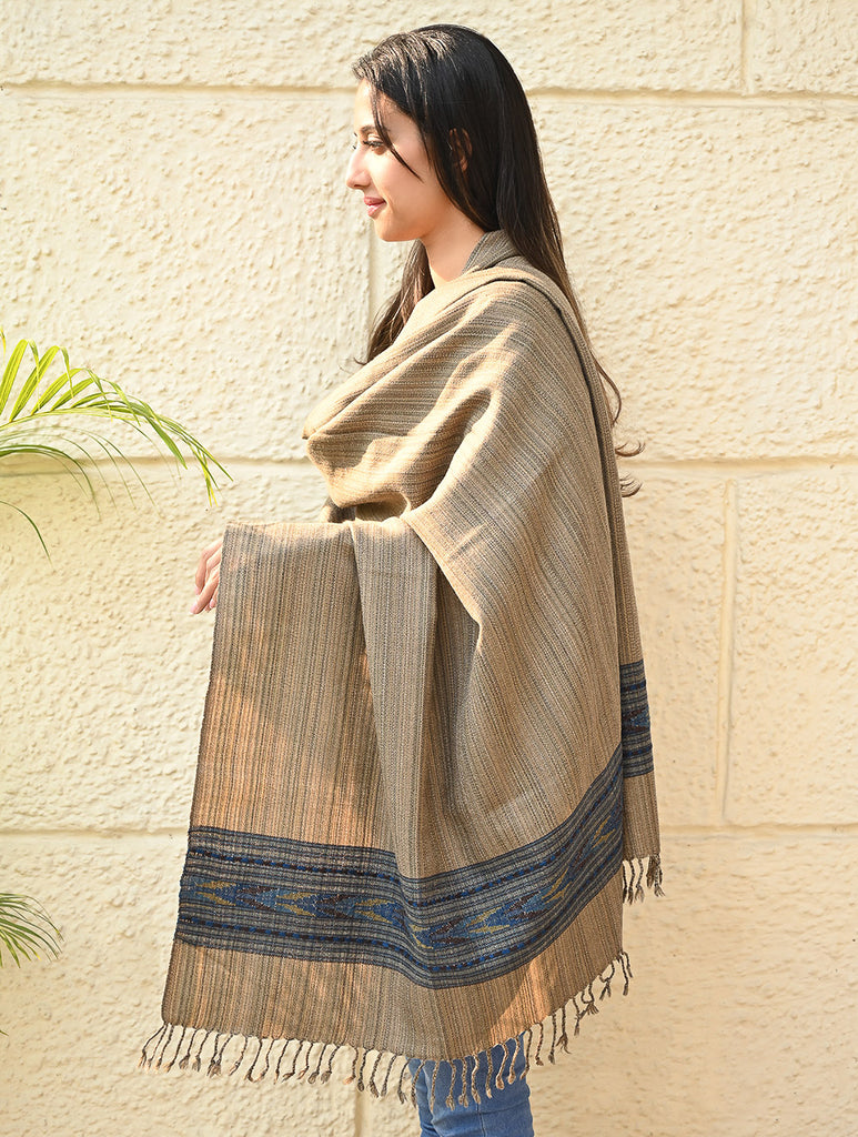 Exclusive Soft Himachal Wool Shawl with Woven Border - Wheatfield