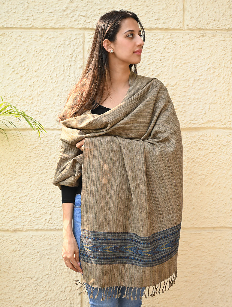 Exclusive Soft Himachal Wool Shawl with Woven Border - Wheatfield